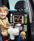 Backseat Car Organizer With 8 Large Pockets And Tablet Holder for Kids and Toddlers, holding toys and snacks next to a smiling boy.