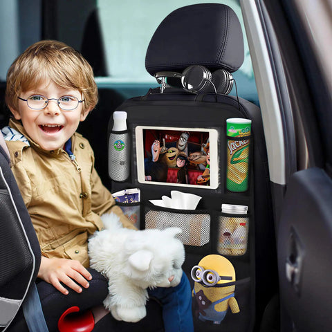 Backseat Car Organizer With 8 Large Pockets And Tablet Holder for Kids and Toddlers, holding toys and snacks next to a smiling boy.