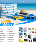 Go To Extra Large Beach Bag With Waterproof And Sandproof Zipper on sandy beach with hat, sunglasses, and towel