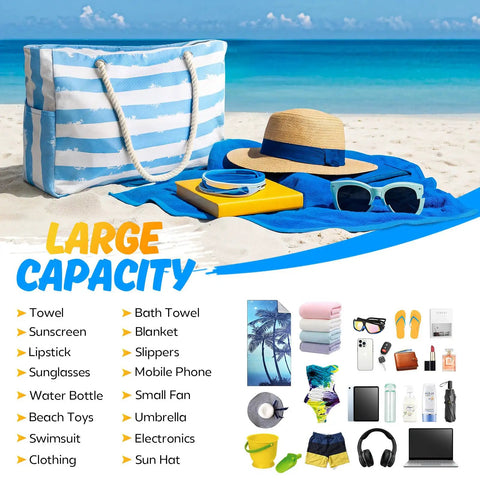 Go To Extra Large Beach Bag With Waterproof And Sandproof Zipper on sandy beach with hat, sunglasses, and towel