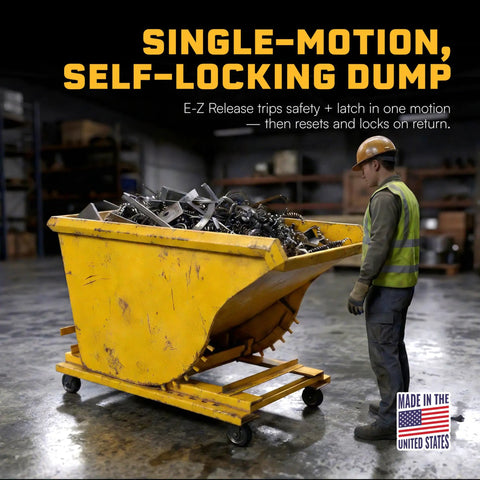 Built Tough 1.5 Yard Self Dumping Hopper With Smooth Rolling Casters And Six Thousand Pounds Capacity in warehouse filled with scrap metal.