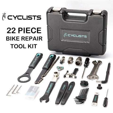All-In-One Bike Tool Kit With Storage Case, 22-Piece Bicycle Repair Set For Road And Mountain Bikes, tools displayed