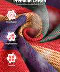 Close-up view of premium cotton fabric with red, blue, and yellow colors, highlighting breathable, high density, and durable qualities.