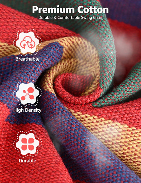 Close-up view of premium cotton fabric with red, blue, and yellow colors, highlighting breathable, high density, and durable qualities.
