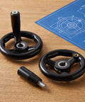 Two Pack Lathe Crank Handle Handwheel Set 4 Inch Rotating Machine Tool Handwheel With Anti Slip Bakelite Grip and blueprint