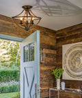 Industrial Ceiling Light Fixture Semi Flush Mount Three Light Black Wood Grain Farmhouse Light Fixture in rustic foyer