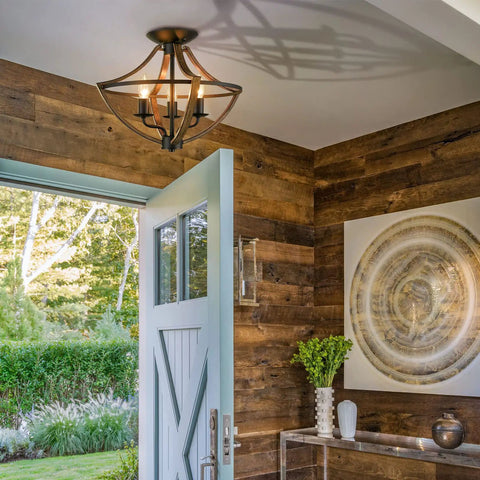 Industrial Ceiling Light Fixture Semi Flush Mount Three Light Black Wood Grain Farmhouse Light Fixture in rustic foyer