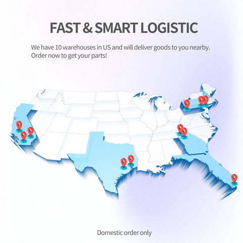 Map of the United States showing locations of 10 warehouses for fast logistics services.