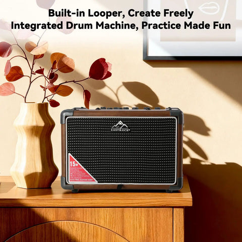 Portable 15W Guitar Amp With Bluetooth Built In Looper And Drum Machine 8 Voices FX Effects Aux OTG displayed on a wooden shelf
