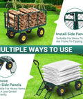 Heavy Duty Steel Garden Cart With 550 Pound Capacity, 10 Inch Wheels, showing loaded logs and bags with removable sides