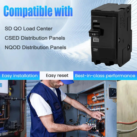 15 Amp Two Pole Circuit Breaker Compatible With Sd Qo Load Centers And Nqod Panels Boasting 10ka Rating And 120 240 Volt Operation installed in electric panel.