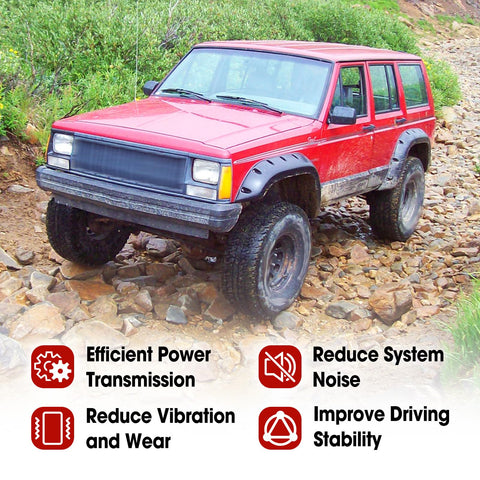 Red off-road vehicle showcasing drive line reliability benefits for 1310 Series Transmission Slip Yoke And U Joint Kit Replacement 2 3 6081X 5 153X Fits GM TH Turbo 350 And 700R4 Transmissions With 26 Or 27 Spines Direct Fit For Easy Install.