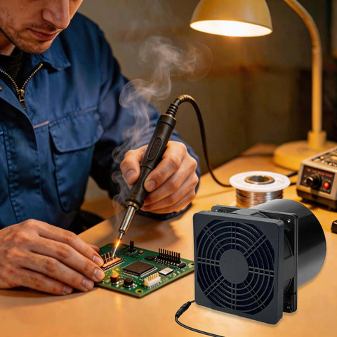 Compact 120mm DC Soldering Fume Extractor Fan With Filter Pad And Duct Kit Adjustable Speed Plug And Play For Welding Smoke Soldering Laser 3D Printer Enclosures Easy DIY Ventilation in use on a workbench during soldering.