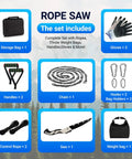 Image of 55 Inch Rope Saw Kit With 72 Teeth And 46 Feet Of Ropes For Camping And Survival, showing included set with storage bag, gloves, chain, handles, hooks, saw, rope, and weight bag.