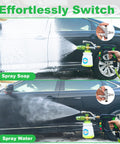 Car Wash Foam Cannon For Pressure Washer With Quarter Inch Quick Connect Dual Connector Shift Valve Built In Design Includes Five Nozzle Tips Works Up To 3000 PSI And 7 GPM Ideal For Deep Clean shown spraying soap and water on a black car