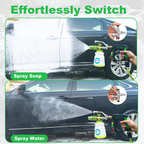 Car Wash Foam Cannon For Pressure Washer With Quarter Inch Quick Connect Dual Connector Shift Valve Built In Design Includes Five Nozzle Tips Works Up To 3000 PSI And 7 GPM Ideal For Deep Clean shown spraying soap and water on a black car
