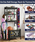Rolling 4-Tier Sports Gear Organizer Carts With Wheels For Garage And Outdoor Use, Ball Storage Rack With Wire Basket And Fabric Bins