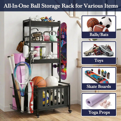 Rolling 4-Tier Sports Gear Organizer Carts With Wheels For Garage And Outdoor Use, Ball Storage Rack With Wire Basket And Fabric Bins