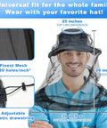 Man wearing Premium Mosquito Head Net 2 Pack for Camping Hiking Fishing Gardening Safari over hat, dimensions labeled.