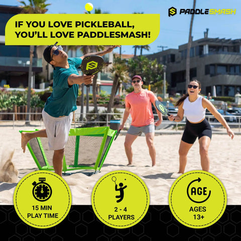 Group playing Pickleball Roundnet Yard Game For Outdoor Fun Beach Backyard Lawn Play With Easy Assembly Includes Paddles Balls And Case Perfect For Adults And Families Great For Parties And Campgrounds on a beach.