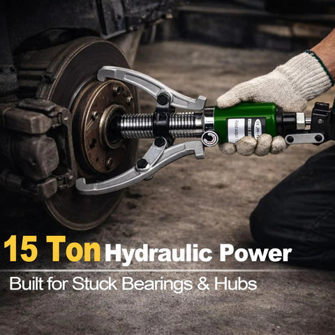 Heavy Duty Hydraulic Gear Puller 15 Ton Capacity With Adjustable 2 Or 3 Jaws Bearing Hub Separator in use on automotive hub.