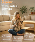 Woman smiling with two cats on her lap, showcasing comfort and 2-year after-sales service for pet owners.