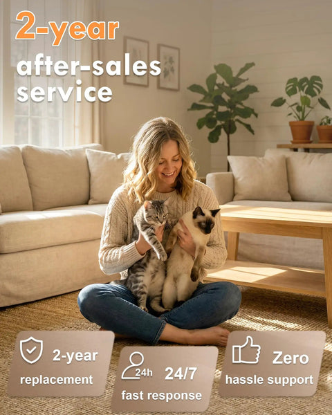 Woman smiling with two cats on her lap, showcasing comfort and 2-year after-sales service for pet owners.