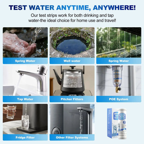 Image showcasing waters tested with the No Sweat 21-In-1 Home Water Test Kit With 145 Strips And Four Bacteria Checks for spring and well water.