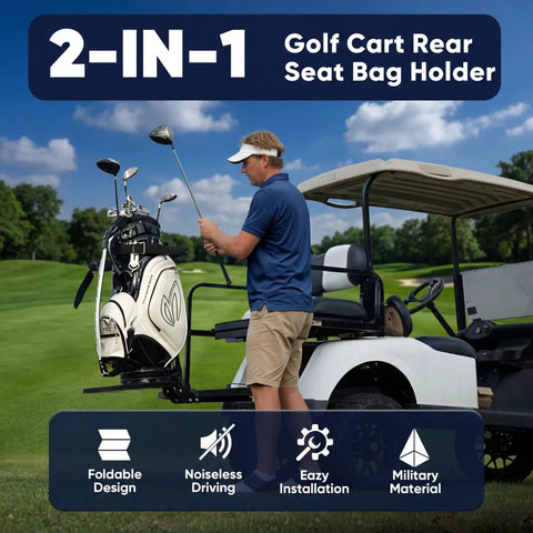 Rear Seat Golf Cart Bag Holder With Foldable Rack And Safety Grab Bar Up To 8 Inches Easy No Drill Install in use
