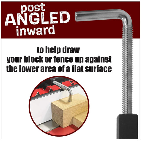 Post angled inward illustration showing heavy duty aluminum universal fence clamps two pack for workshop jigs and setups.