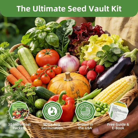Basket of vegetables including tomatoes, cucumbers, and more from Huge 15000 Seeds Non GMO Heirloom Seed Kit For Hydroponic Indoor And Outdoor Growers Tomatoes Cucumbers Carrots Beans Lettuce And More Premium Germination Includes Survival Backpack Gear