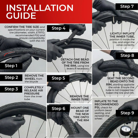 Installation guide for 700x35c Foldable Tire Set 37-622 For City Commuter And Hybrid Bikes showing step-by-step tire mounting.