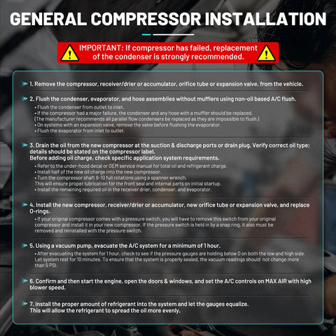General compressor installation guidelines for Superior A/C Compressor Keep Your Daily Cruisers Frosty For Nissan Versa Note 2012-2019 And Tiida 2016-2018.
