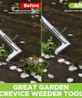 Before and after using the Heavy Duty 12 Inch Crack Weeder With L Shaped Stainless Steel Blade For Jammed Paving Gaps And Concrete Cracks.