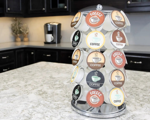 K Cup Pod Carousel Organizer With 360 Degree Spin Holds 35 Pods Lazy Susan Coffee Stand Chrome on kitchen counter