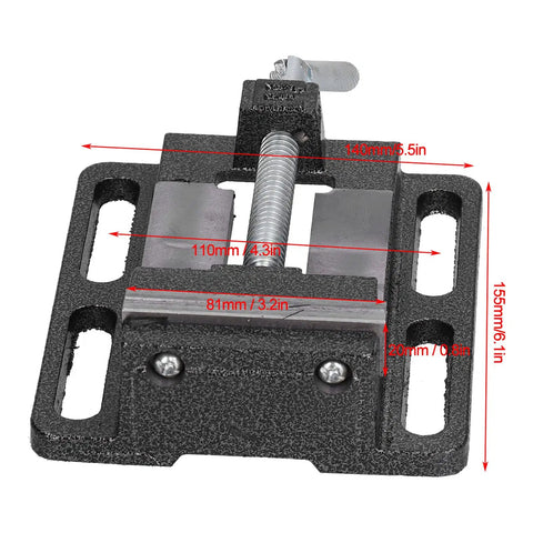 Mini Bench Vise 6.1 By 5.5 Inch Cast Iron Drill Press Vise with size measurements in centimeters and inches marked on image