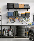Two Pack 2x3 Ft Wall Mounted Garage Shelves Heavy Duty Steel Storage Racks With Hooks 250 Lb Per Shelf 500 Lb Total Capacity