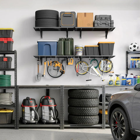 Two Pack 2x3 Ft Wall Mounted Garage Shelves Heavy Duty Steel Storage Racks With Hooks 250 Lb Per Shelf 500 Lb Total Capacity