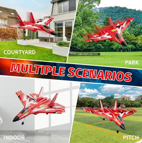 Foam RC Plane Toys With 3 Batteries, Easy To Fly Remote Control Airplane For Kids And Adults, shown in various settings