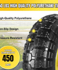 Close-up of a textured polyurethane tire, labeled high-quality, non-slip design, pressure-resistant, 450 lbs capacity