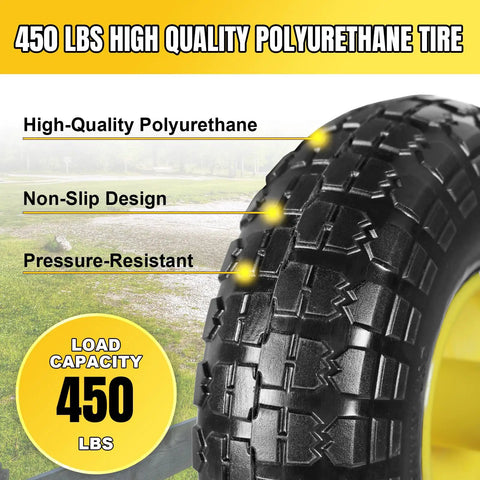 Close-up of a textured polyurethane tire, labeled high-quality, non-slip design, pressure-resistant, 450 lbs capacity