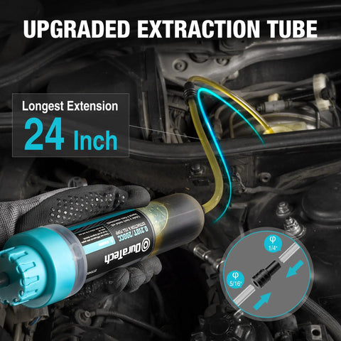 Hands using 200Cc Fluid Extractor For Cars With Long Extension Tubes And Anti Drip Connector under vehicle hood