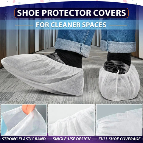 Bulk Disposable Shoe Covers, 50 Pairs Per Box, Indoor Use Only, Thin Nonwoven Fabric, Stretch Fit Up To 15.7 Inches.
