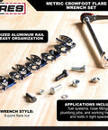 10-Piece Metric Flare Nut Crowfoot Wrench Set For Tight Spots And Obstructed Fasteners, 6-Point Heads on storage rail