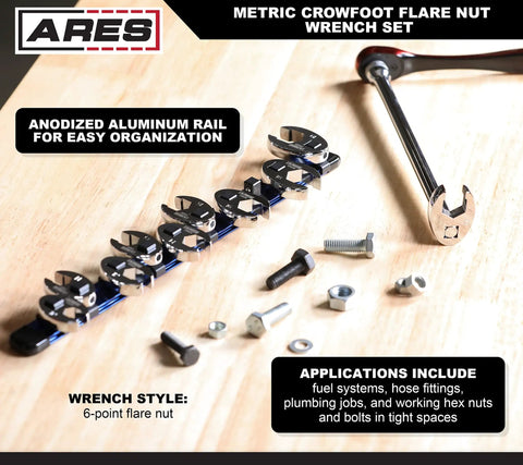 10-Piece Metric Flare Nut Crowfoot Wrench Set For Tight Spots And Obstructed Fasteners, 6-Point Heads on storage rail