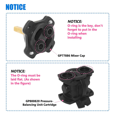 Mixer Cap And GP800820 Pressure Balancing Unit Assembly For K-GP77886 Faucet Valves Compatible With K304 And K11748 Platforms Half Inch Pressure Balance Valve Delivers Even Temperature And Steady Flow Leak Prevention And Easy Retrofit with O-ring installation notice.