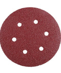 Heavy Duty 6 Inch Hook And Loop Sanding Discs With Anti-Clog Coating For Orbital Sanders, showing a red aluminum oxide disc.