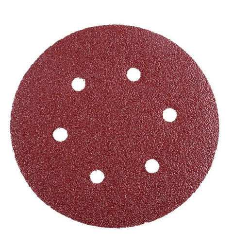 Heavy Duty 6 Inch Hook And Loop Sanding Discs With Anti-Clog Coating For Orbital Sanders, showing a red aluminum oxide disc.