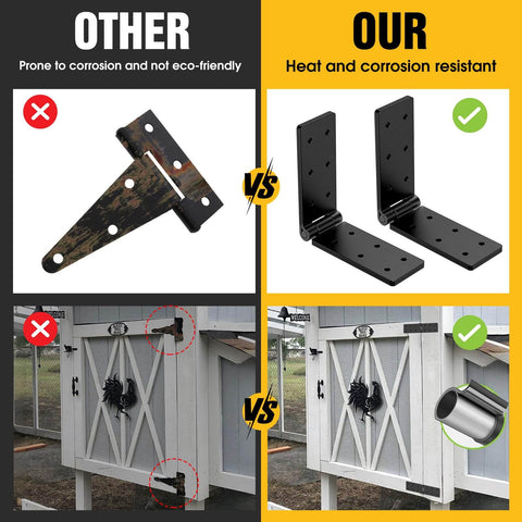 Comparison of weathered T-hinge and Heavy Duty Fence Gate Hinges 4 Pack 270 Degree Adjustable Barn Door Hinges With Screws For Backyard Wood Doors Garden Black Bifold Strap Folding Hardware installed on gate.