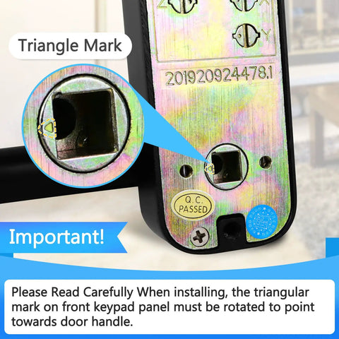 Close-up of installation guide with triangle mark on beefed-up mechanical door lock with adjustable deadlatch for outdoor use.